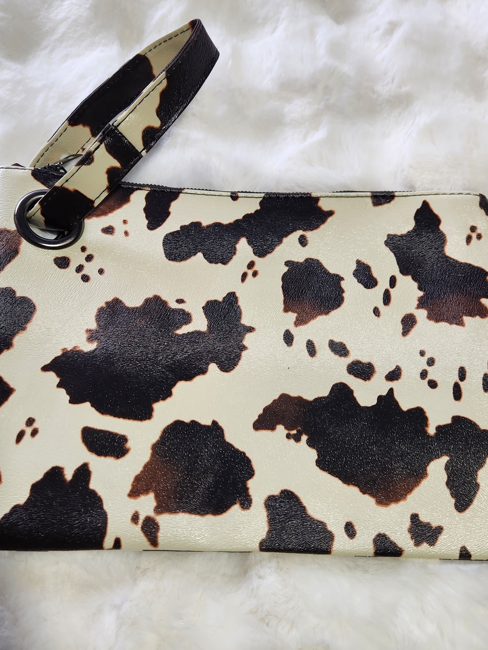 Cream & Black Brown Cowhide Print Clutch Bag